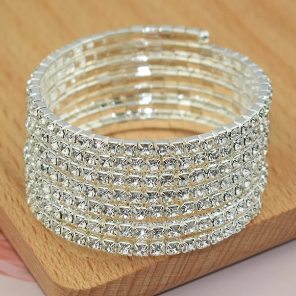 Prom Pageant Bridal Jewelry - Wide Wrap Rhinestone Crystal Bracelet for Bridal Formal Special Occasion Wear